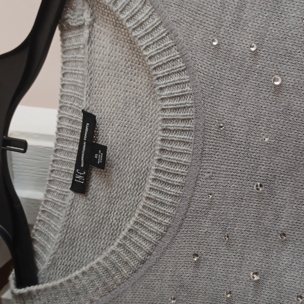 INC Gray Sweater with Tulle and Crystals NWOT - Picture 3 of 6